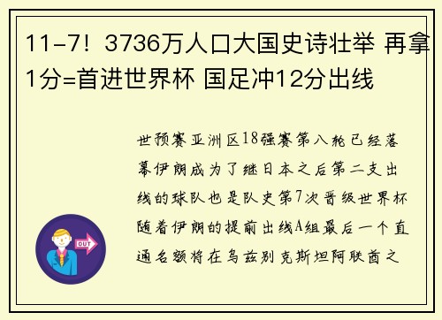 11-7！3736万人口大国史诗壮举 再拿1分=首进世界杯 国足冲12分出线